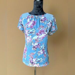 Pretty Blue and Purple Floral Blouse with Lace Detail on Shoulders by Apt 9.